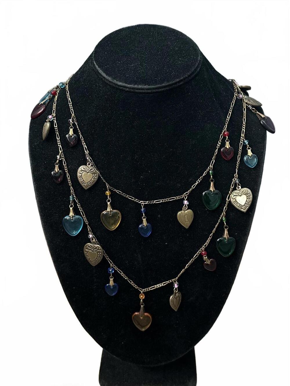 Vintage 1980s 1990s Brass & Glass Multicolor Heart Charm Long Layering Necklace